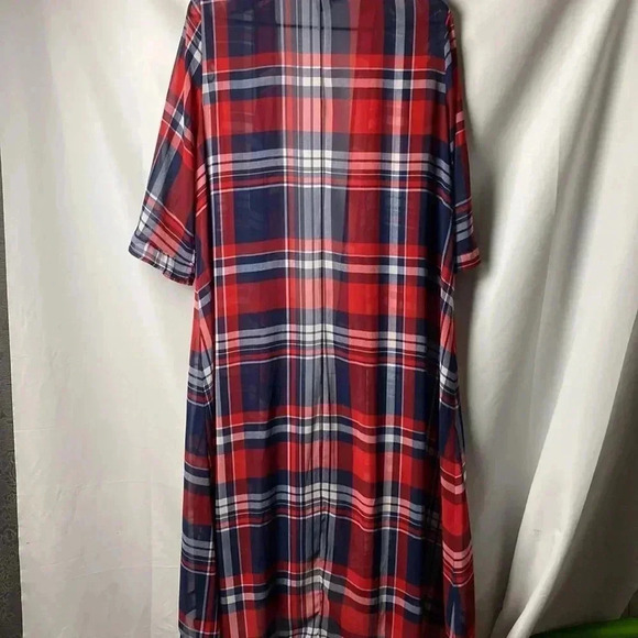 TORRID WO SIZE 0/00 (10/12) LONG NAVY RED PLAID. SHEER OPEN FRONT DUSTER - Picture 10 of 10